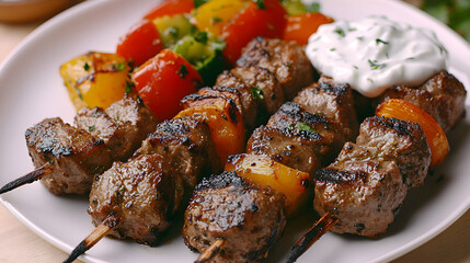Kebab Espanol, Spanish Kebab with grilled meat, fresh vegetables, and a drizzle of yogurt sauce, placed on a clean white plate
