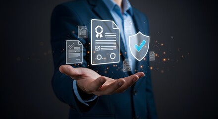 Man in suit holding digital document icons with shield and checkmark in his open palm