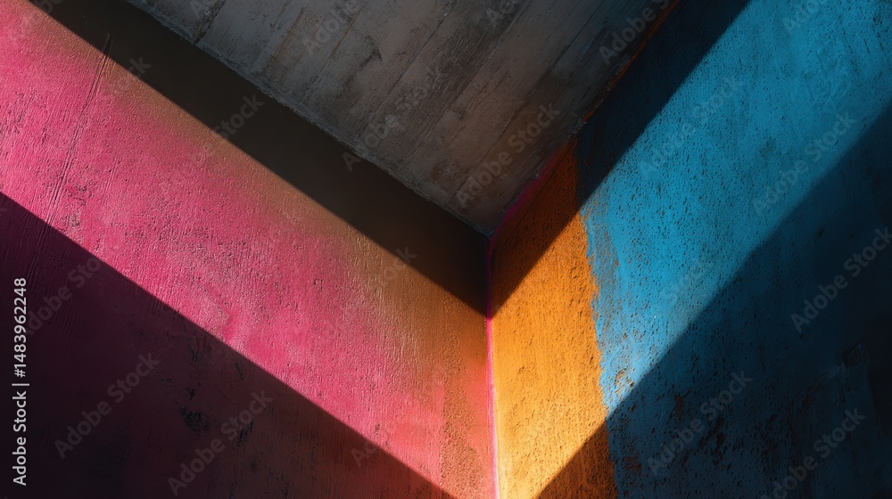 Poster vibrant geometric patterns of light and shadow creating a dynamic indoor space with colorful wall ar