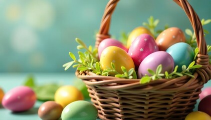 Colorful chocolate Easter eggs in a basket, ready for a springtime celebration , food, celebration