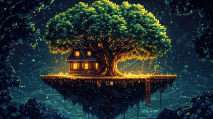 Mystical treetop hideaway cottage atop floating island illuminated in starry night