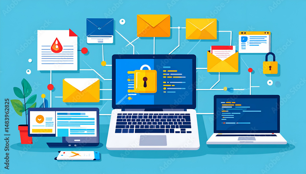 Poster Data security system with encrypted emails and documents shown on multiple devices