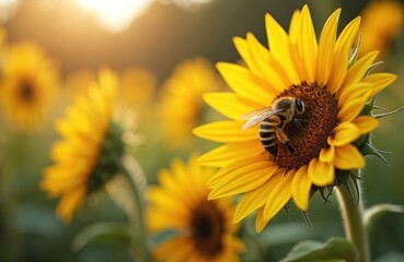 Obraz premium Bee collecting nectar sunflower in garden. Bees pollination process at yellow petals. Focus on insect details. Sustainable agriculture, eco theme. Golden hour sunlight. Pollen, honey production.