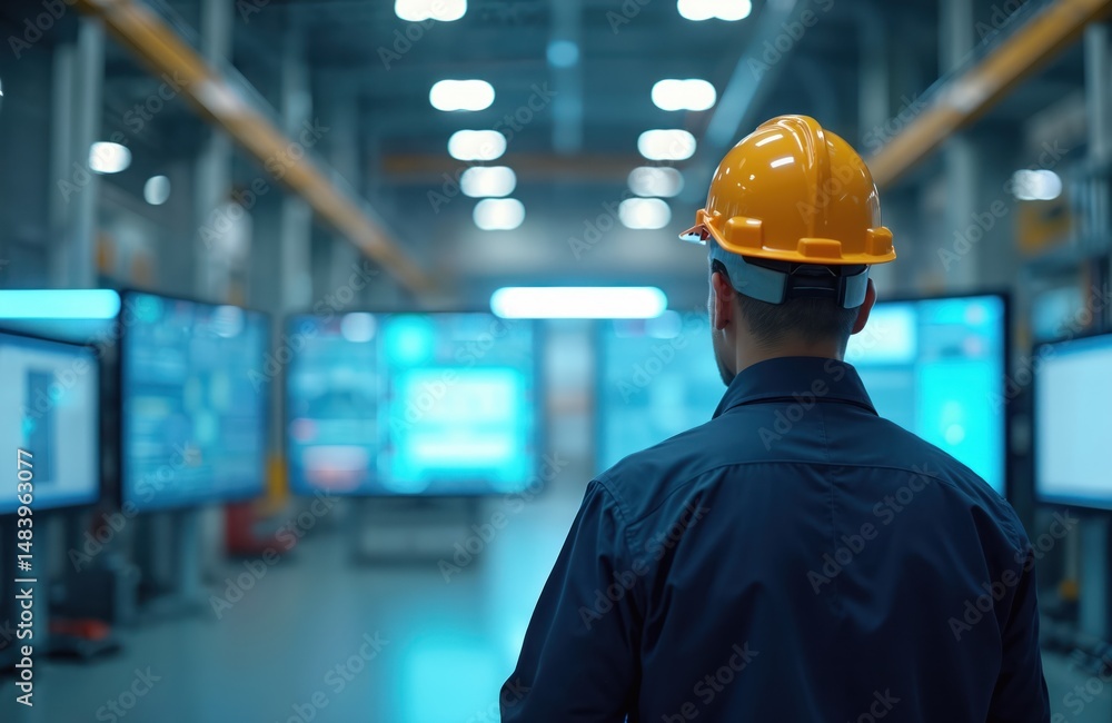 Poster engineer controls tech systems in industrial plant. man in helmet looks at monitors displaying data,