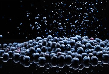 A bunch of blueberries falling into the air.