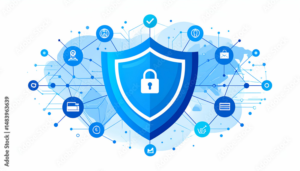 Poster secure network protection visualized with a shield and interconnected icons