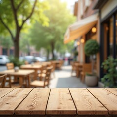 Empty wooden table outdoor cafe blurred background. Cafe tables chairs background for product display montage. Perfect for products, presentations. Natural lighting, restaurant, eatery design.