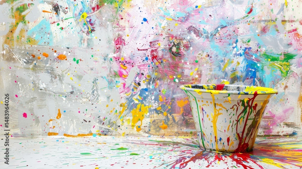 Poster a vibrant bucket spills over with colorful paint, creating a lively display against a bright backdro