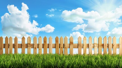 Fototapeta premium A charming wooden garden fence embraces the vibrant green grass, creating a serene outdoor retreat under a bright blue sky.