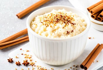 A bowl of rice pudding with cinnamon sticks and a spoon.