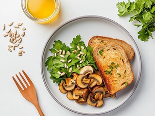 Minimalistic stock photo of a high-angle shot featuring a healthy Zinc + Copper-rich breakfast a plate with sauteed mushrooms, sunflower seeds, and whole-grain toast, bright and fresh kitchen setting