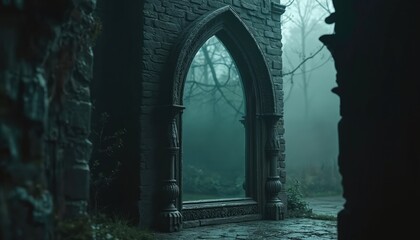 Obraz premium Gothic cathedral window, elegant design, dark atmosphere. Medieval arched doorway, moody scene, mysterious mist, stone architecture. Dark style. Spooky background, historical building exterior.