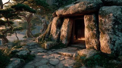 Enchanted Forest Entrance A Mysterious Stone Doorway Surrounded by Ancient Trees and Mossy Roc
