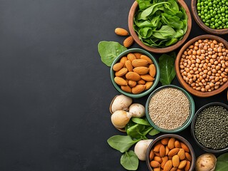 Minimalistic stock photo of a market stall displaying fresh Zinc + Copper-rich foods like dark leafy greens, nuts, shellfish, and seeds, with soft natural daylight creating an organic feel