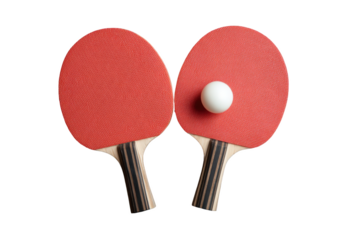 Two ping pong paddles and a ball on a black background close up shot