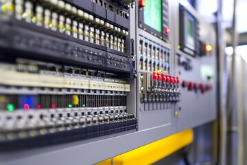 A close up view of an electrical control panel with multiple components and wiring systems visible