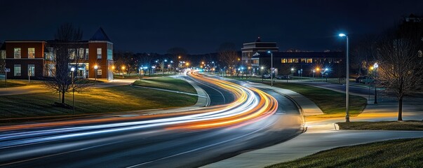 Nighttime City Streetscape with Traffic Trails
