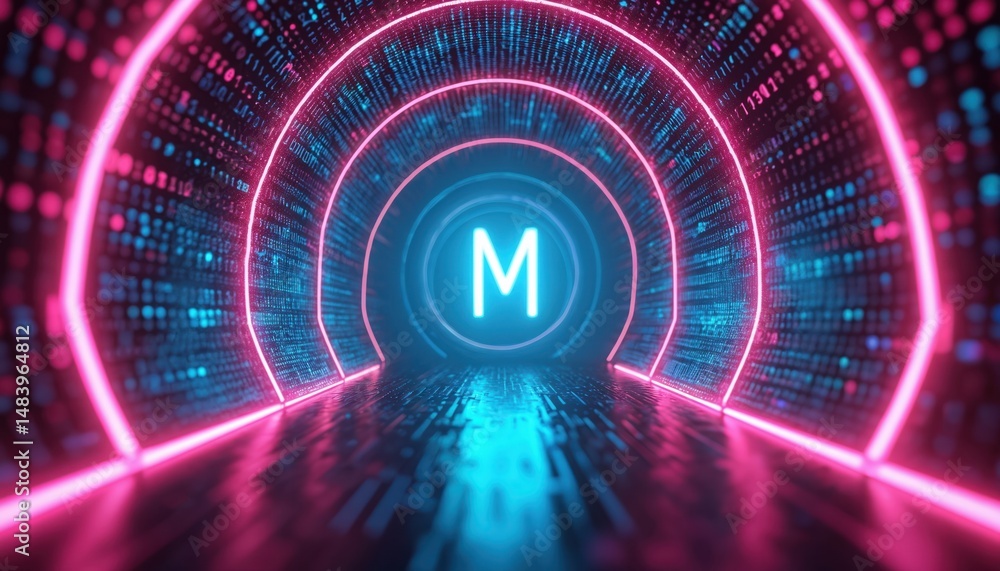 Poster abstract digital tunnel with binary code, pink and blue neon lights. futuristic technology backgroun