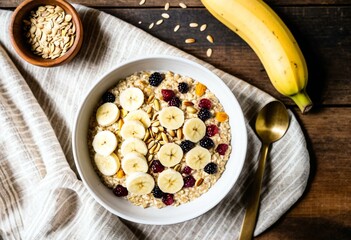 A bowl of oatmeal topped with bananas, blueberries and almonds.