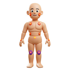 A 3D mannequin shows different joints of the human body with red, purple, and yellow lights, which can be used for educational purposes.