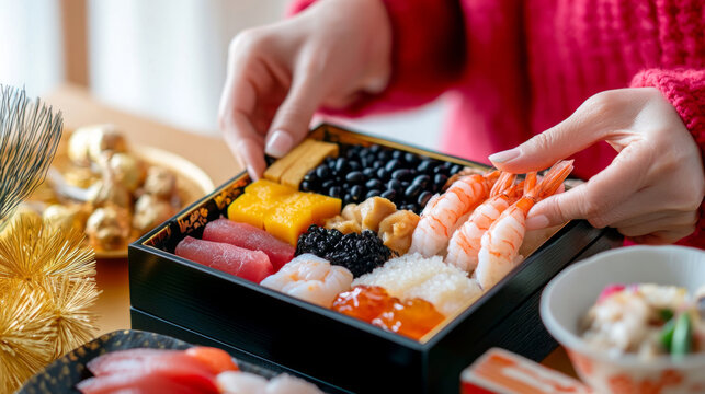 Traditional japanese new year osechi ryori preparation with hands highlighting cultural cuisine