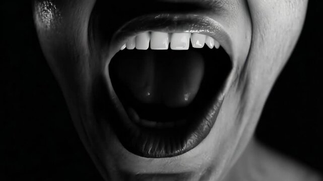 close-up static video of a mouth forming silent words, teeth glimpsing between parting lips, rendered with high contrast and harsh shadows. concept of unspoken communication