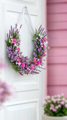 Rustic farmhouse door wreath with lavender and wildflowers for spring decor