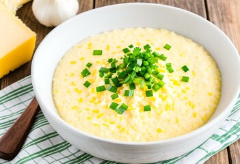 A bowl of corn chowder with cheese and green onions.