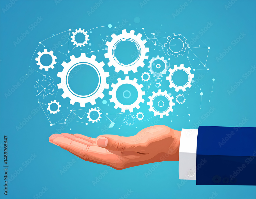 Aufkleber hand presenting interconnected gears, symbolizing complex systems and solutions