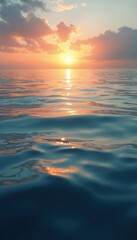 Obraz premium Tranquil ocean sunset. Sun reflects on calm water surface with slight ripples. Orange, blue colours creating serene landscape. Natural beauty perfect for relaxation peace.