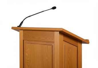 Wooden podium with microphone isolated on white background