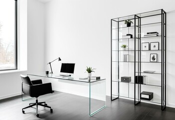 A black and white office with a desk and chair.
