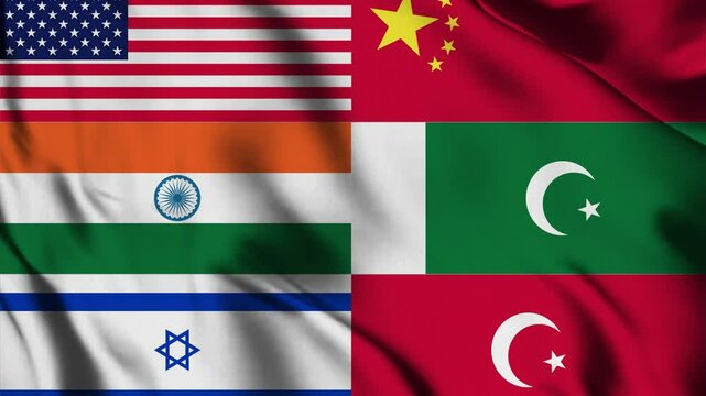Flags of USA, China, India, Pakistan, Israel, and Turkey &ndash; Global Nations Collage on Fabric Animation Flag 4k video clip