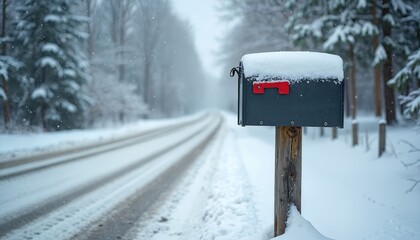 Fototapeta premium Winter scene with snow-covered mailbox on road. Postal box covered snow with red flag. Road leads to distance, serene winter landscape, calm mood. Winter wonderland, snow-covered trees, postal