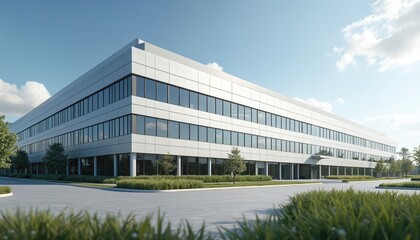 Modern corporate building exterior against blue sky. Contemporary architecture, office, factory, warehouse structure. Business environment, commercial property, industry, technology, innovation,