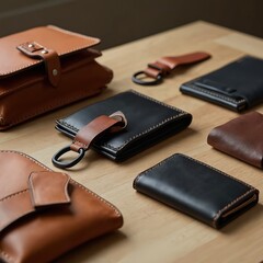 Various handcrafted leather goods. Brown, black leather wallets, purses and bags on wood table background. Business accessories, high quality products. Stylish, minimalist design.