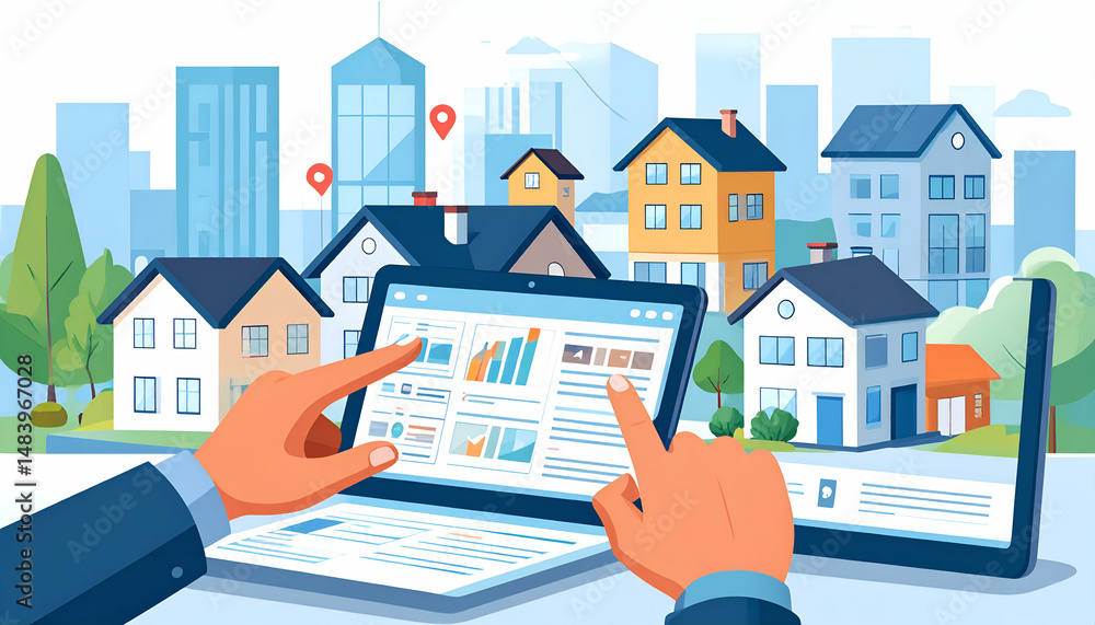 Poster two hands on a tablet reviewing property data displayed on a city backdrop