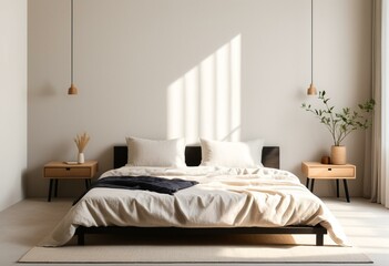 A bedroom with a bed, nightstands and a plant.