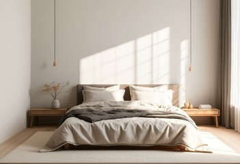 A bedroom with a bed, nightstands and a plant.