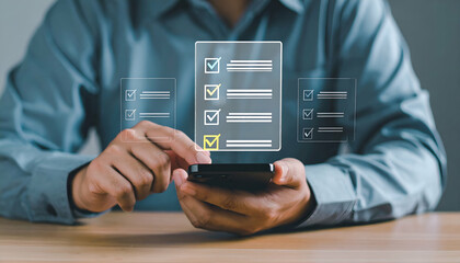 Person using a smartphone to check off items on a digital checklist