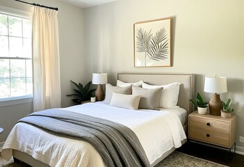 A bedroom with a bed, dresser and plants in it.