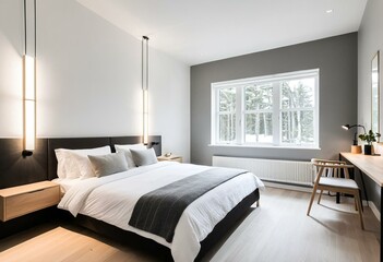 A bedroom with a bed, desk and window.