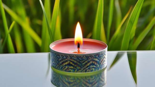 Scenic Burning Candle on Glass Table with Green Background - Powered by Adobe