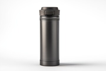 Sleek, dark-grey thermos bottle stands on a white background. Perfect for keeping drinks hot or cold.