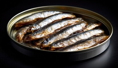 A tin of neatly arranged sardines glistening under light.