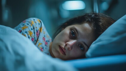 Young woman lying in bed, looking thoughtful.