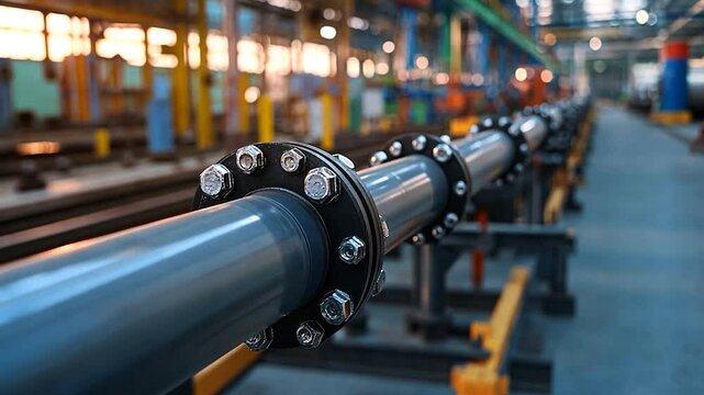 Industrial pipeline system construction at factory with metal pipes and bolted flanges