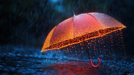 Illuminated umbrella in rain at night
