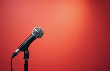 Obraz premium Microphone stand on vibrant red background. Copy space for announcements, promotion. Pro audio equipment ready for show, public speaking. Vocal performance, podcasting, live music. Studio, stage.