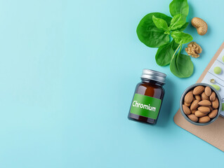 Chromium supplement, nuts, spinach and pills on nutritionist desk promoting healthy eating habits
